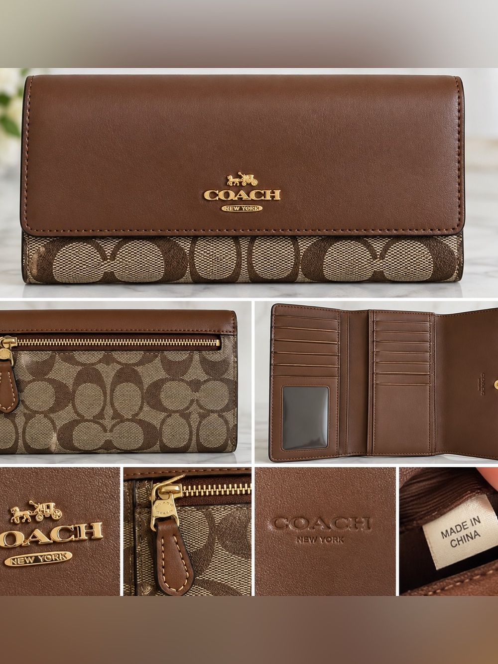 Coach Signature C Canvas & Brown Leather Slim Envelope Wallet Gold Hardware